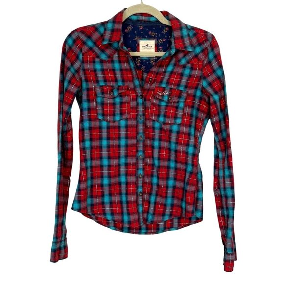 Hollister Red Blue Plaid Shirt Silver Thread Y2K Top Button-Up Womens Size XS - Picture 1 of 6